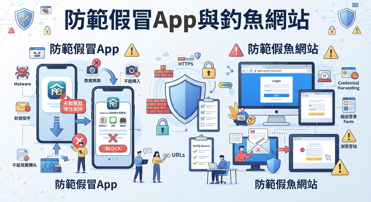圖片展示了防範假冒App與釣魚網站的資安主題。 畫面中結合了手機防護、網頁識別及各種資安圖示。